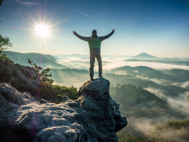 istock Man Standing On Rock At Mountain Against Sky 1313799769