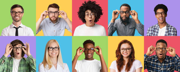 istock Men and women expressing different emotions wearing specs 1313800004