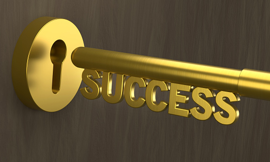 The key to success. The golden key that says success opens the door.