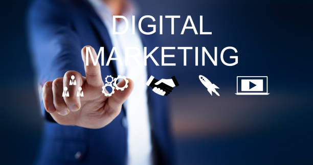 istock Businessman selecting digital marketing icon. 1313801032