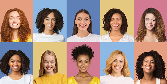 Human Emotions And Facial Expression Concept. Composite collage of happy smiling diverse women on colored studio backgrounds. Portraits of excited multicultural females in a row, panorama.