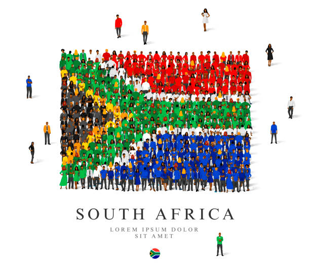 eine große gruppe von menschen steht in blauen, gelben, schwarzen, grünen, weißen und roten gewändern und symbolisiert die flagge südafrikas. - south africa flag africa south african flag stock-grafiken, -clipart, -cartoons und -symbole