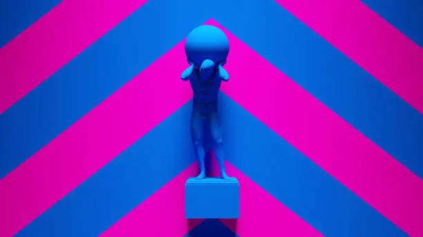 Blue Pink Atlas Statue Holding up the Celestial Heavens with Pink an Blue Chevron Background 3d illustration render