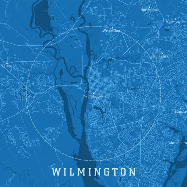 Vector illustration of Wilmington NC City Vector Road Map Blue Text