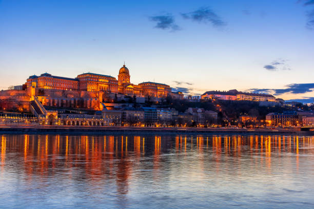 istock Hungary, Budapest at night, Buda Fortress illuminated by lights, reflected in the water 1313807060