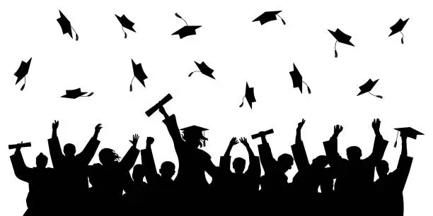 Vector illustration of Cheerful graduate students with diploma, throwing academic caps, silhouette. Graduation at university or college or school. Vector illustration.