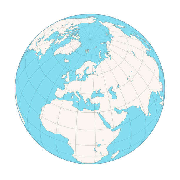 Earth globe focusing on north hemisphere and prime meridian. Africa, Asia, Europe, North Pole, Greenland. Earth globe with meridians and parallels. 3D vector illustration. Carefully layered and grouped for easy editing. You can edit or remove separately the grid, the sea and the lands. north pole map stock illustrations