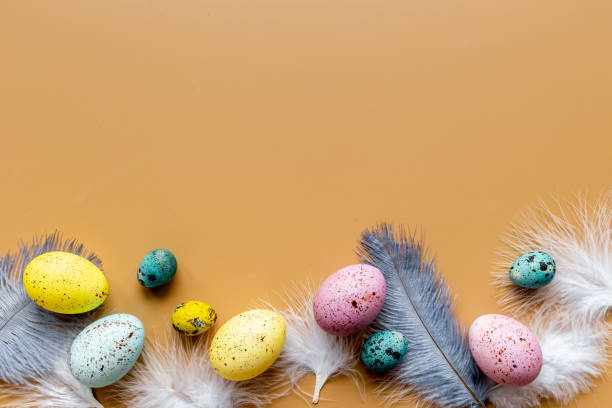 istock Easter eggs with birds feather. Decoration concept, top view 1313810510