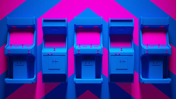 istock Blue Pink Arcade Machines with Pink an Blue Chevron Background 1313812232