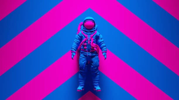 istock Blue Pink Spaceman Astronaut Cosmonaut with Pink an Blue Chevron Background 1313812513