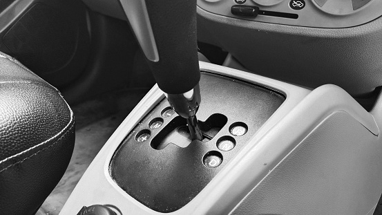 Car gearbox automatic transmission shifts black and white picture