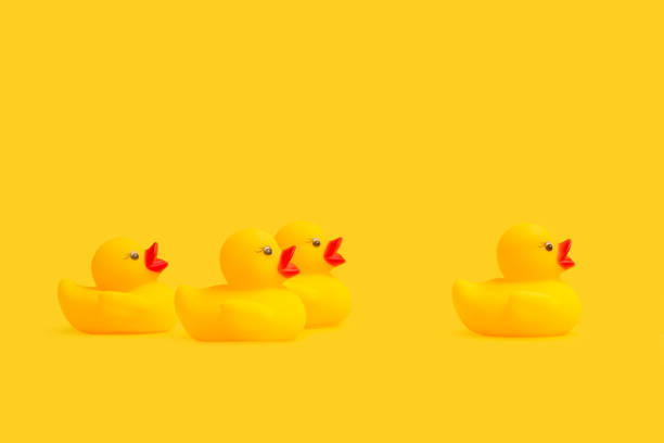 istock Yellow rubber toy ducks on a yellow background 1313814996