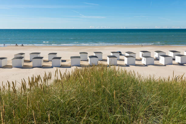 la playa de løkken, dinamarca, con sus cabañas de playa de madera blanca - løkken fotografías e imágenes de stock