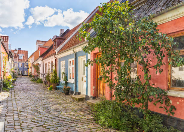 Idylic cobbled street at the old town of Aalborg, Denmark An idyllic cobbled street with colorful houses at the old town of Aalborg, Denmark pear tree photos stock pictures, royalty-free photos & images