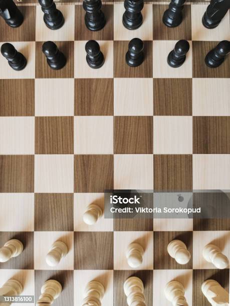 Top View Of A Chessboard With Spaced Figures Stock Photo - Download Image Now - Chess, Directly Above, Chess Board