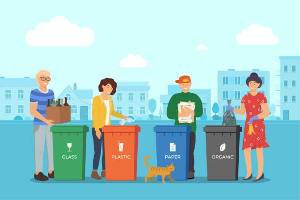 People sorting garbage for recycling in city street. Responsible men and women stand near dustbin and utilize trash and rubbish in containers for waste utilization. Environment and ecology People sorting garbage for recycling in city street. Responsible men and women stand near dustbin and utilize trash and rubbish in different containers for waste utilization. Environment and ecology utilize stock illustrations