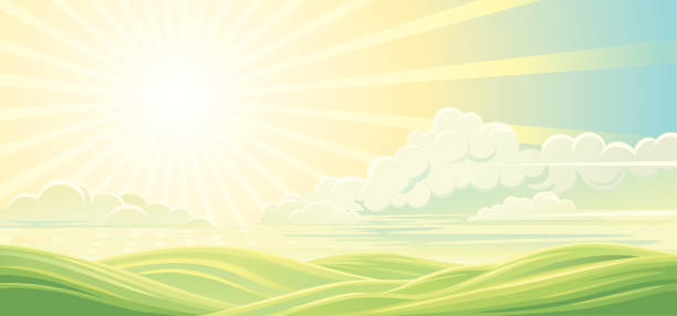 illustrations, cliparts, dessins animés et icônes de paysage vallonné, avec le soleil et les nuages au-dessus des collines - landscaped sign farm landscape
