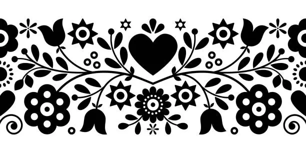 Vector illustration of Retro Polish floral folk art vector greeting card or seamless black pattern inspired by old highlanders embroidery Lachy Sadeckie from Nowy Sacz in Poland