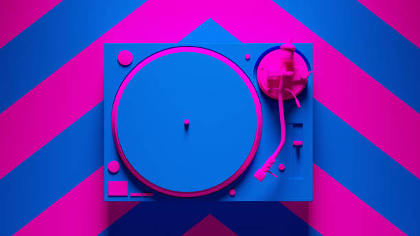 istock Blue Pink Turntable Post-Punk Record Player with Pink an Blue Chevron Background 1313819422