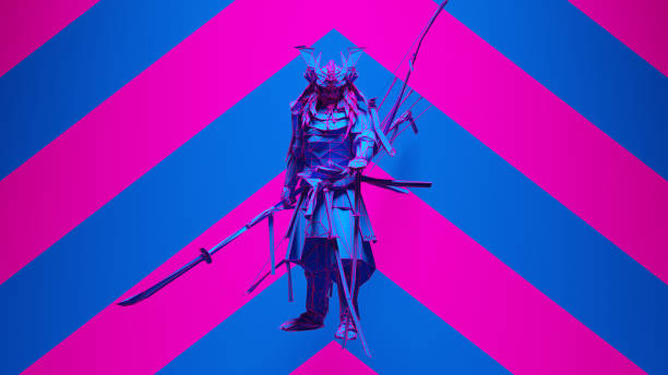 istock Blue Pink Samurai Post-Punk Warrior with Pink an Blue Chevron Background 1313819455