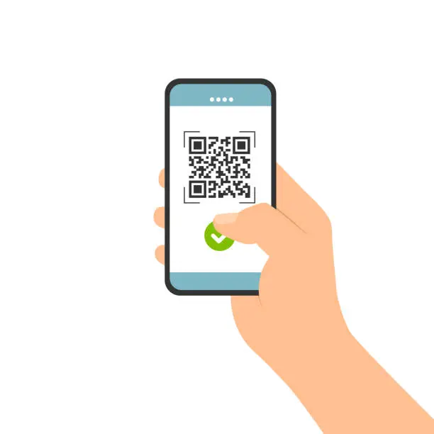 Vector illustration of Flat design illustration of male hand holding touch screen mobile phone. Successful QR code scan for payment - vector