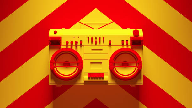 som estéreo pós-punk vermelho amarelo com amarelo um fundo chevron vermelho - personal cassette player - fotografias e filmes do acervo