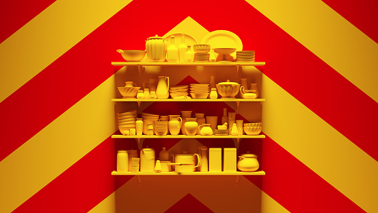 Yellow Red Kitchenware Shelves with Various Pots an Pans with Yellow an Red Chevron Background 3d illustration render