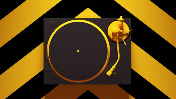 istock Yellow Black Turntable Post-Punk Record Player with Yellow an Black Chevron Pattern Background 1313822335