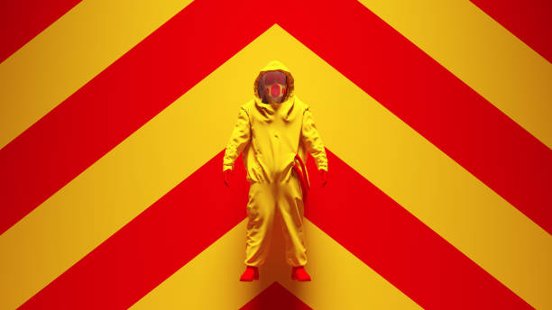 istock Yellow Red Hazmat Suit Ravers with Yellow an Red Chevron Background 1313822432