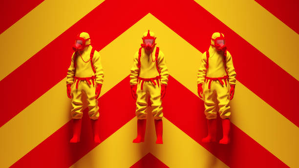 istock Yellow Red 3 Hazmat Suit Ravers with Yellow an Red Chevron Background 1313823675