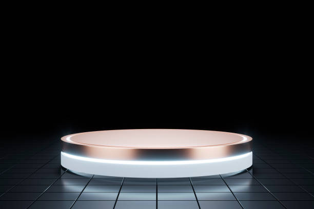 istock 3D abstract futuristic background with a white and bronze pedestal 1313826507