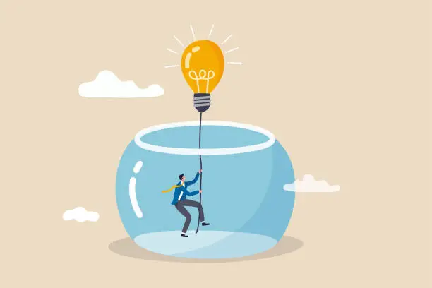Vector illustration of Innovation to solve business problem, idea and creativity to achieve business success concept, businessman climbing the rope from light bulb idea to escape prison fish bowl.