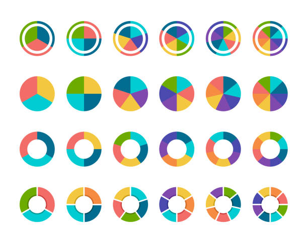 bunte tortendiagramm-sammlung mit 3,4,5,6 und 7,8 abschnitten oder schritten - farbton grafiken stock-grafiken, -clipart, -cartoons und -symbole