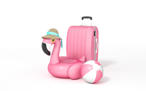 pink flamingo float, tropical bird shape inflatable swimming pool ring with luggage put on white background 3d rendering. 3d illustration summer and travel minimal concept. - swimming pool party summer beach ball imagens e fotografias de stock