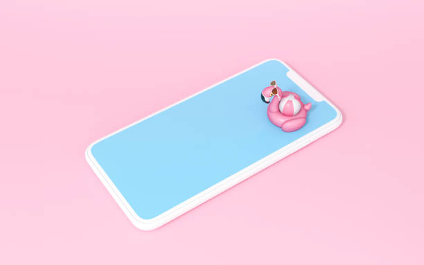 istock Pink Flamingo float, tropical bird shape inflatable swimming pool ring floating in a smartphone pool on pastel pink background 3d rendering. 3d illustration Summer and travel minimal concept. 1313831974