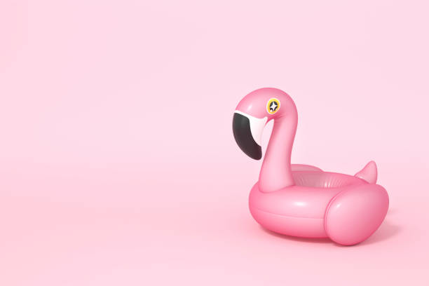istock Pink Flamingo float, tropical bird shape inflatable swimming pool ring on pastel pink background 3d rendering. 3d illustration Summer minimal concept. 1313832005