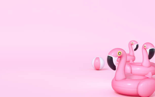 istock Pink Flamingo float, tropical bird shape inflatable swimming pool ring soft focus put on the corner of pastel pink background 3d rendering. 3d illustration Summer and travel minimal concept. 1313832079