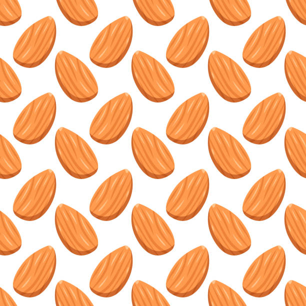 nahtloses muster mit mandeln. netter druck mit muttern auf weißem hintergrund. food and snacks icon - peeled almond backgrounds dried food stock-grafiken, -clipart, -cartoons und -symbole