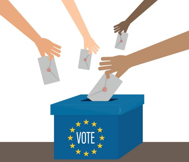 ilustrações de stock, clip art, desenhos animados e ícones de european union elections vote box vector work. people voting. - european union flag flag backgrounds star shape