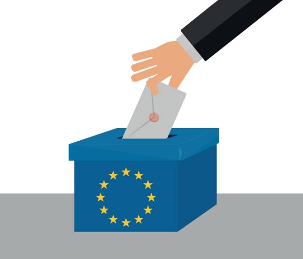 ilustrações de stock, clip art, desenhos animados e ícones de european union elections vote box vector work. people voting. - european union flag flag backgrounds star shape