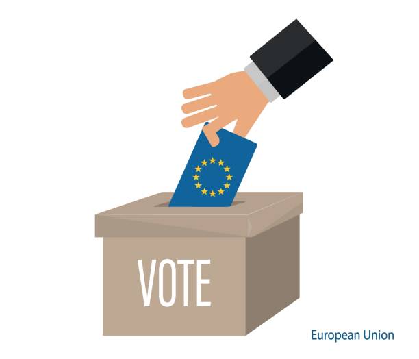 ilustrações, clipart, desenhos animados e ícones de eleições da união europeia votem o trabalho vetorial da caixa. pessoas votando. - european union flag flag backgrounds star shape