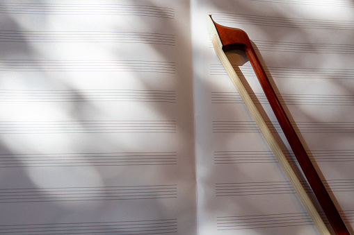 music paper and bow near the window