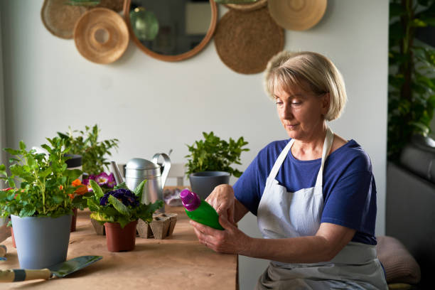 istock Senior woman using fertilizer for the plants 1313835451