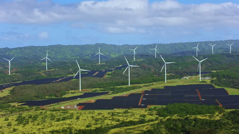 AERIAL Wind and solar farms on Oahu, USA