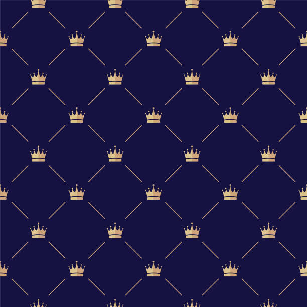 Fashion Seamless Pattern With Yellow Crowns on Dark Blue Background queen royal person stock illustrations