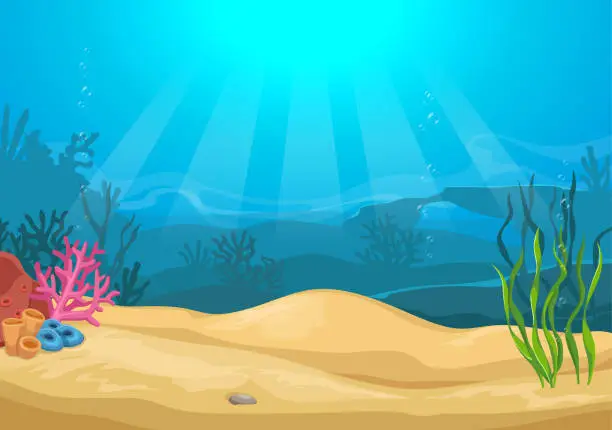 Vector illustration of Vector cartoon colorful underwater landscape with sea plants and corals