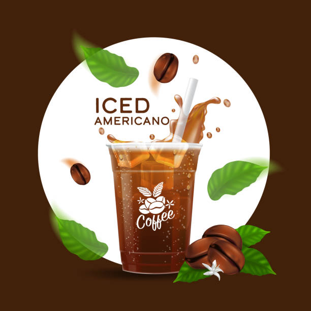illustrazioni stock, clip art, cartoni animati e icone di tendenza di illustrazione vettoriale tazza da asporto caffè preparato a freddo, iced americano - caffè ghiacciato