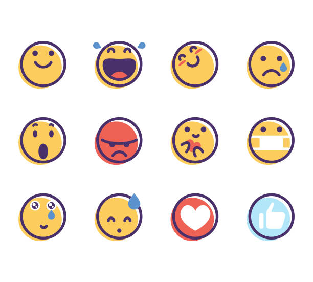 ilustrações, clipart, desenhos animados e ícones de pacote essencial de mídias sociais emoticons - expressão facial