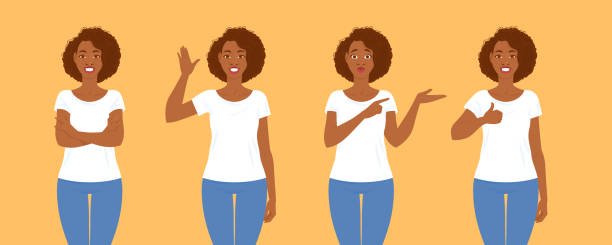 Emotions. A series of poses with young adult black women in casual clothes with hair in Afro style. Emotions. A series of poses with smiling young black women in casual clothes with hair in Afro style talking about something good. Suitable for animation part of a series stock illustrations