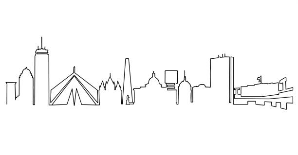 illustrazioni stock, clip art, cartoni animati e icone di tendenza di disegno della linea skyline di boston - boston skyline city massachusetts